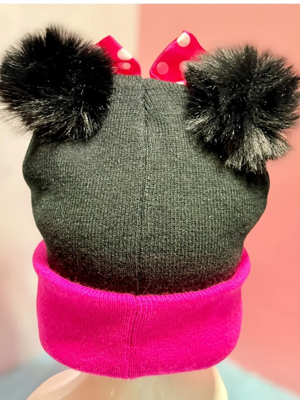 Disney BoxLunch Exclusive Minnie Mouse Beanie Hat Pom Ears Bow Girls Pink Black